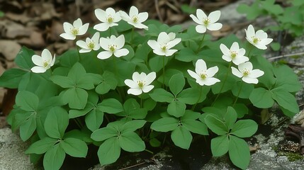 White wildflowers cluster on rock outcrop in forest