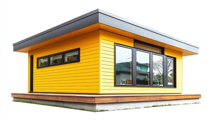 Modern Home Design: A vibrant yellow, contemporary home with clean lines, expansive windows reflecting a serene view, flat roof, and minimalist aesthetic.
