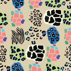Fototapeta premium Seamless vector pattern. A vibrant design featuring a colorful leopard and zebra print background. This textile art combines patterns in green blue and pink hues, creating a visually striking art