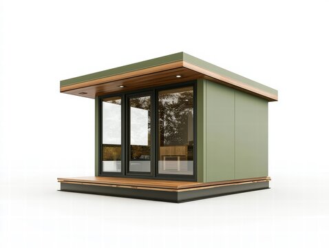 Modern Green Cabin: A contemporary small cabin structure features sleek lines, a minimalist design, and large glass windows, offering a blend of functionality and aesthetic appeal.