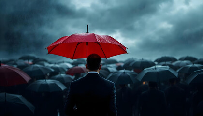 Red umbrella, standing out, sea of black umbrellas, stormy sky