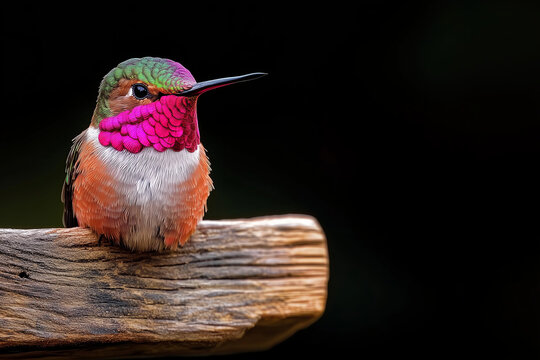 portrait of vibrant hummingbird perched on a rustic wooden sign with copy space for text on black background