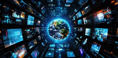 Futuristic digital world with vibrant screens and glowing planet, representing global connectivity and technology s impact on society