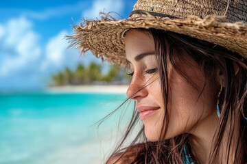 Portrait of woman with straw sun hat smiling by the ocean shore of Dominican republic tropical background beach with palm trees