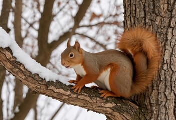 Squirrel sitting in a tree in winter and looking for food, the best photo
