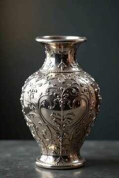 Elegant silver scroll with subtle patterns, wrapped around a decorative vase, scroll elements, elegant designs, sophisticated atmosphere