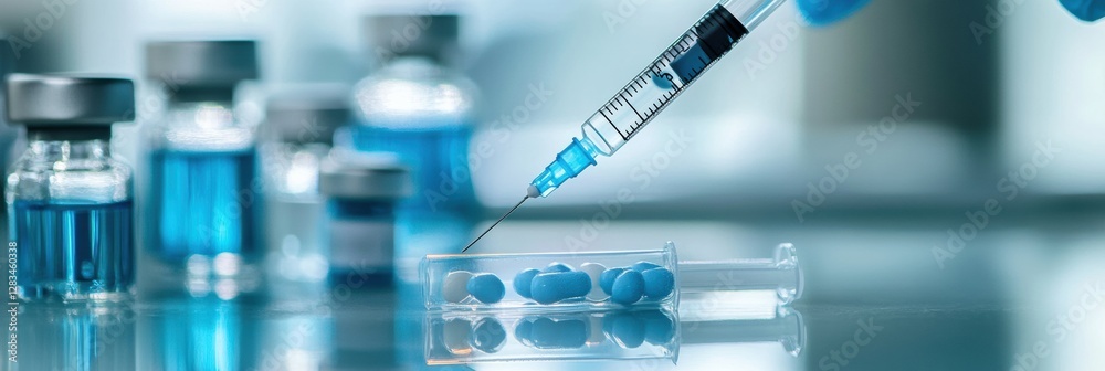 Leinwandbilder medical professional prepares syringe with vaccine while surrounded by vials in a laboratory setting