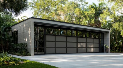 Modern Home Exterior: A sleek, modern architectural exterior, featuring expansive windows and a unique garage door, set against a backdrop of lush greenery.