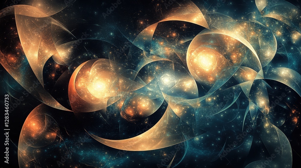 Poster abstract shapes floating in space, with glowing edges and various sizes, forming a mesmerizing visua