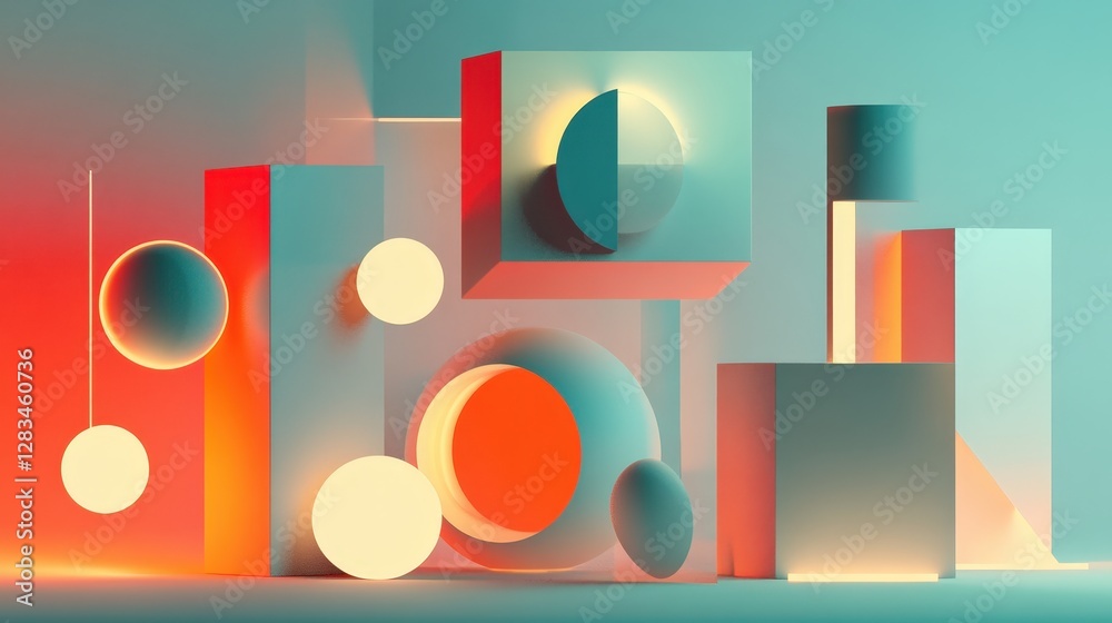 Poster abstract shapes floating in space, with glowing edges and various sizes, forming a mesmerizing visua