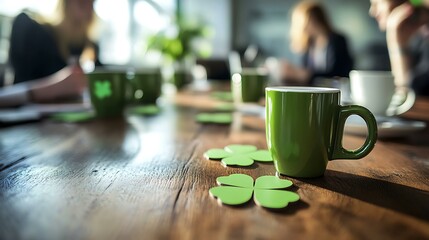 Businesspeople exchanging ideas with green coffee mugs and clover-shaped coasters