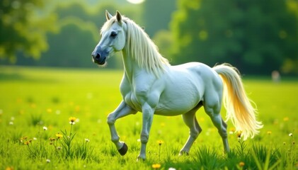 Obraz premium Elegant Unicorn Mare with a flowing mane and tail in a lush green meadow, , nature, horses