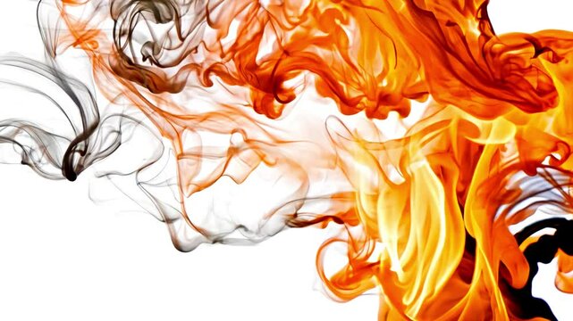 Beautiful dancing fire on white background, the surface is ablaze. Lots of fire. Close-up immersion in the flames. The camera passes through the fire. Burning tongues of flame on a black backdrop in