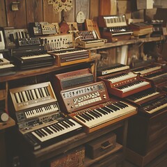 Vintage synthesizers in a wooden studio