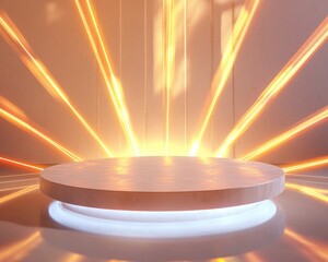 Product presented on floating podium with radiant beams surrounding it