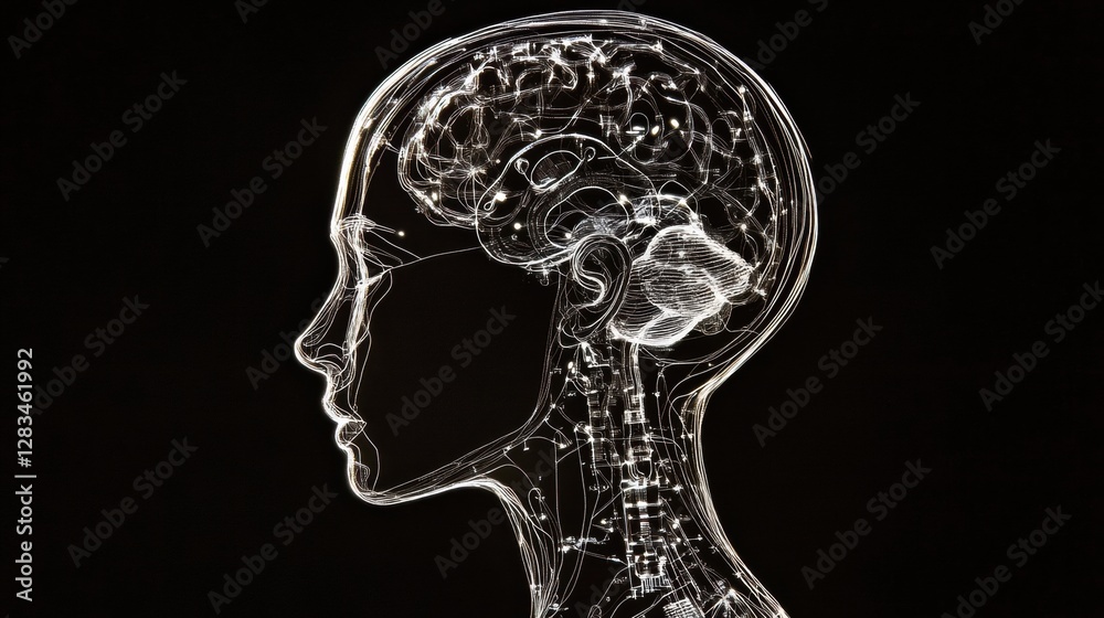 Aufkleber Outline of human head displaying schematic mechanisms of artificial intelligence and neural networks integration. Generative AI