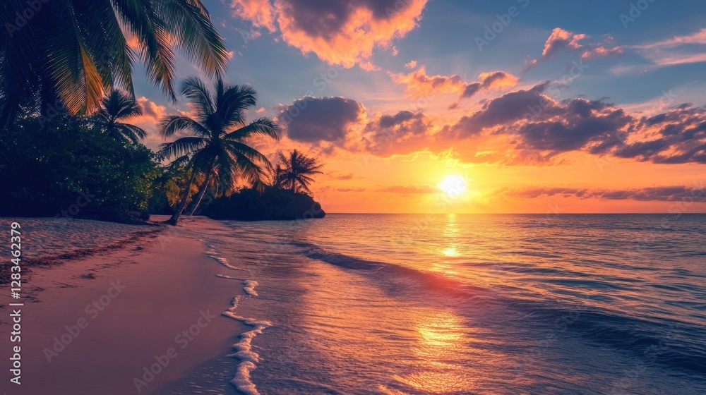 Poster stunning sunset over the calm ocean illuminating a tropical beach with palm trees in the early eveni