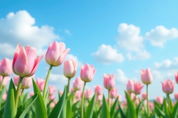 Fototapeta premium Pastel tulips sway gently in the breeze amidst a bright blue sky with fluffy white clouds, nature, landscape, serene