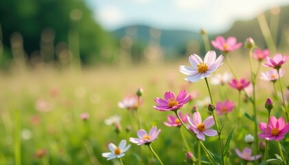 Pink and white wildflowers sway in the breeze, nature, wildflowers