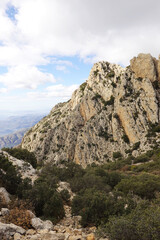 The mountain panorama opening from the hiking path to pick Puig Campana, Finestrat, Benidorm, Spain   