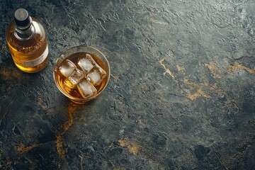 Enjoying a rich amber whiskey with ice on a textured dark stone surface
