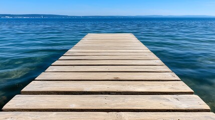Fototapeta premium Wooden Dock Extending into Calm Blue Waters Under Clear Sky