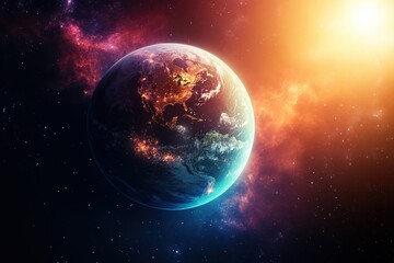 Obraz premium Stunning view of Earth surrounded by vibrant cosmic colors and distant stars