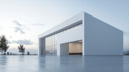 Modern Architecture: A sleek, contemporary building with clean lines and expansive glass facade reflects the serene surroundings under a tranquil sky, conveying a sense of space and minimalist design.
