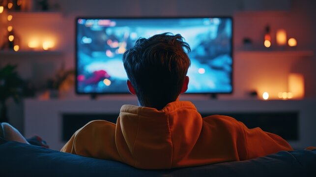 Person gaming at home in cozy living room during evening, playing video games on large TV, enjoying entertainment and relaxation, home lifestyle scene.