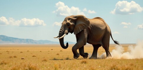 Elephant running freely in open space, freedom, wild, running