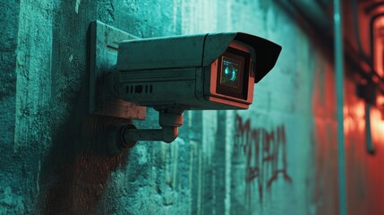 Surveillance Camera in Urban Alley with Graffiti