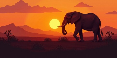 Fototapeta premium Elephant silhouette in desert landscape at sunset, landscape, enormous elephant, animal