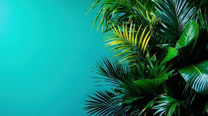 Obraz premium A close-up of a palm tree against a blue sky background with a green plant in the foreground