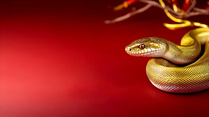 Obraz premium Golden Snake Coiled on Red Surface with Brown Twig with red flower elements in studio light