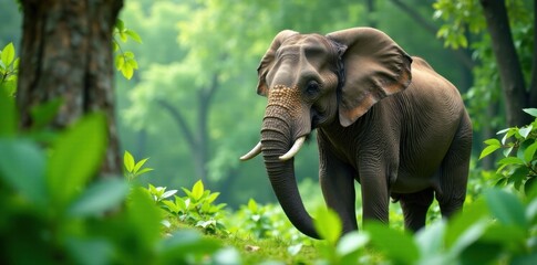 Fototapeta premium Elephant surrounded by lush greenery, trees, nature, foliage