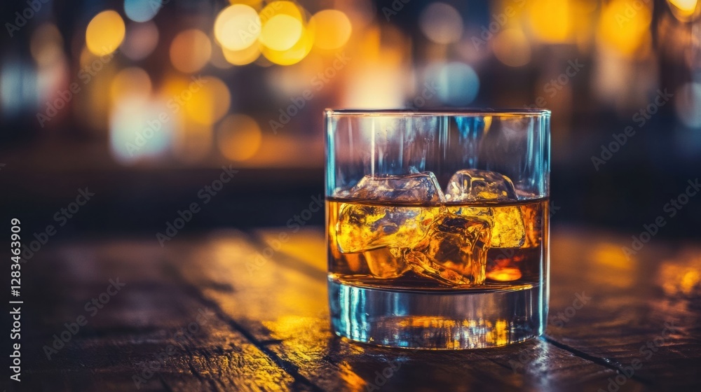 Poster Golden whiskey served on the rocks in a dimly lit bar with blurred lights creating a cozy atmosphere. Generative AI