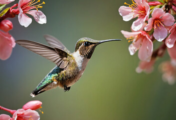 Fototapeta premium Hummingbird flying to a blossom flower.