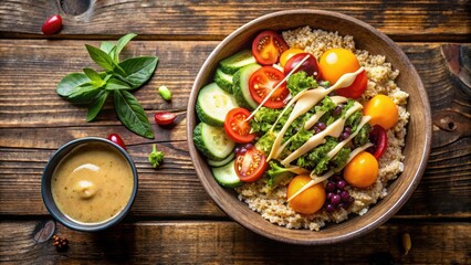 A golden-brown quinoa bowl filled with vibrant vegetables and a citrus-tahini drizzle, set against a rustic wooden background, vegetable medley, nutritious food