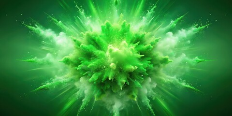Fototapeta premium Vibrant green explosion erupts from the center of a calm green background, radiating outward in a dynamic and chaotic manner, green visuals, color explosion