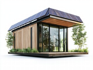 Fototapeta premium Sustainable Home: A modern, eco-friendly home with a solar panel roof blends seamlessly with its natural surroundings, featuring large windows and a wooden exterior.
