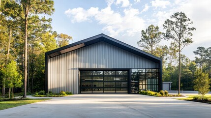 Fototapeta premium Modern Metal Building: A sleek, modern metal building with a glass garage door, nestled amidst a serene, lush green environment with tall trees.