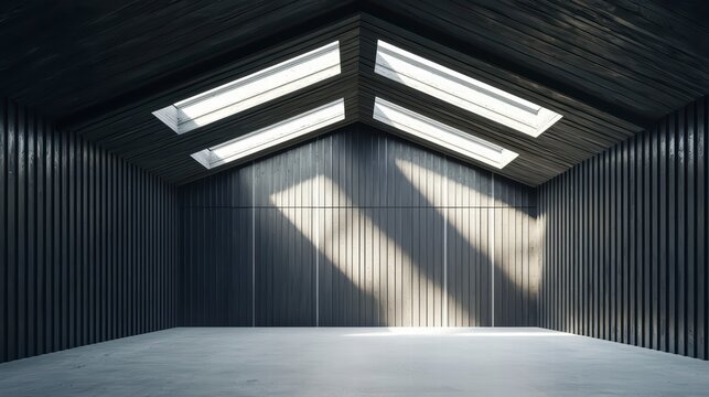 Geometric Light: An architectural interior with dramatic interplay of light and shadow. the skylights cast stark geometric patterns across the corrugated walls and smooth floor. - Powered by Adobe