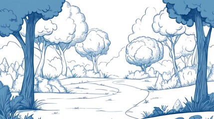 Tranquil forest scene with winding path and lush trees