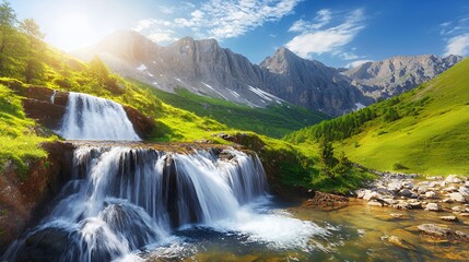 Serene Waterfall Cascading Down Lush Green Mountainside Under Bright Sunny Sky