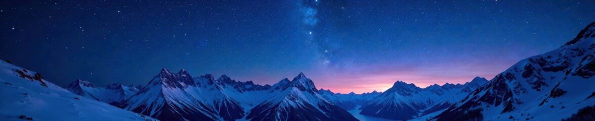 Starry night sky over snowy mountains with snow-covered peaks, starry, night