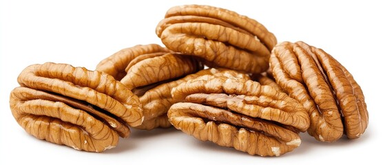 Delicious pecan nuts closeup on white background for healthy snack and cooking ingredient ideas