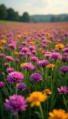 Sea of purple and yellow allium flowers in a field, vast, natural