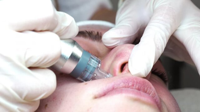 Young woman receiving hydra facial treatment for exfoliation, rejuvenation and hydration of her face skin. Modern facial hydro micro dermal abrasion peeling beauty procedure. Hydra vacuum cleaner. 