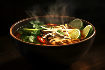 Vegan winter pho with rice noodles and fresh herbs