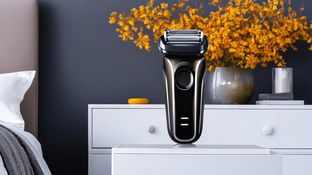 Modern electric shaver with floral decor in contemporary bathroom setting for grooming and health care concepts